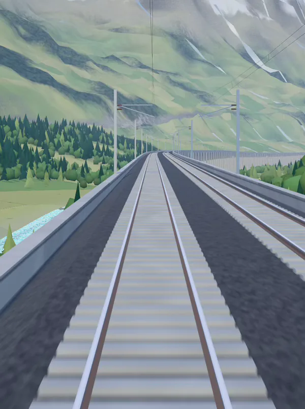 The view from the driver’s cab: two rails running into green hills.