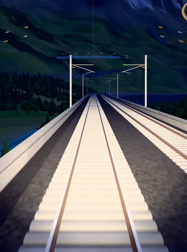 The view from the driver’s cab: two rails running into green hills.