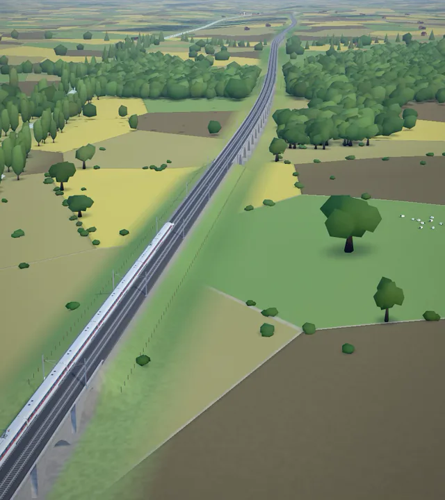A high-speed train crossing patchwork fields from above.
