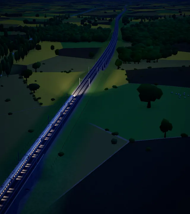 A high-speed train crossing patchwork fields from above.