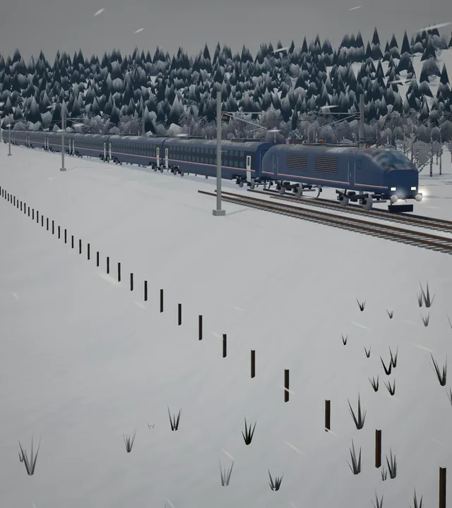 A night train crossing a snowy plain as snow falls.