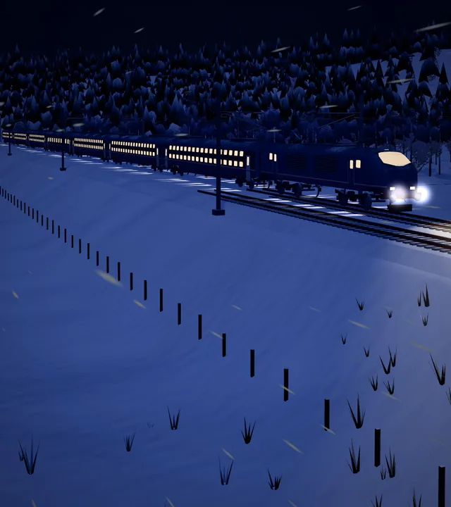 A night train crossing a snowy plain as snow falls.