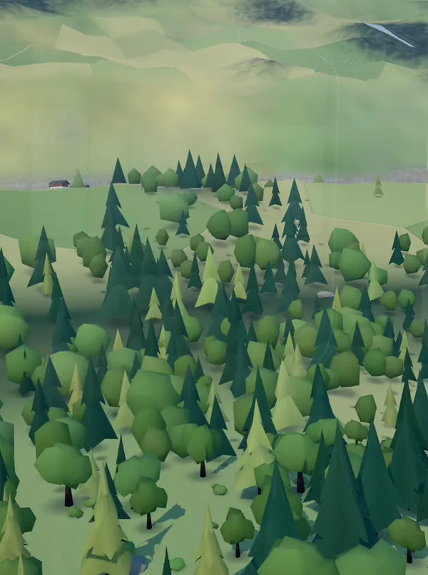 Through a carriage window: low-poly forest and fields passing by.