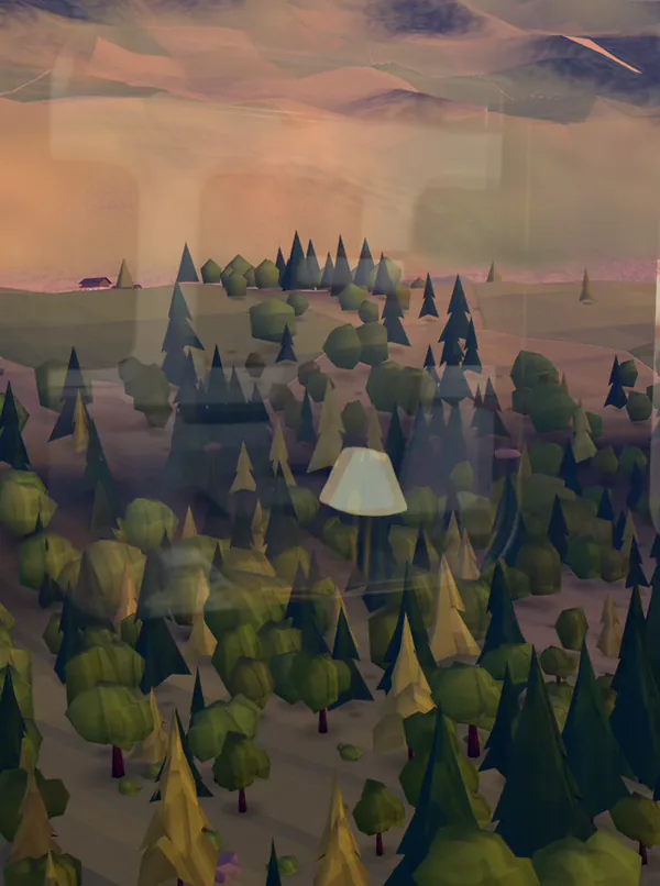 Through a carriage window: low-poly forest and fields passing by.