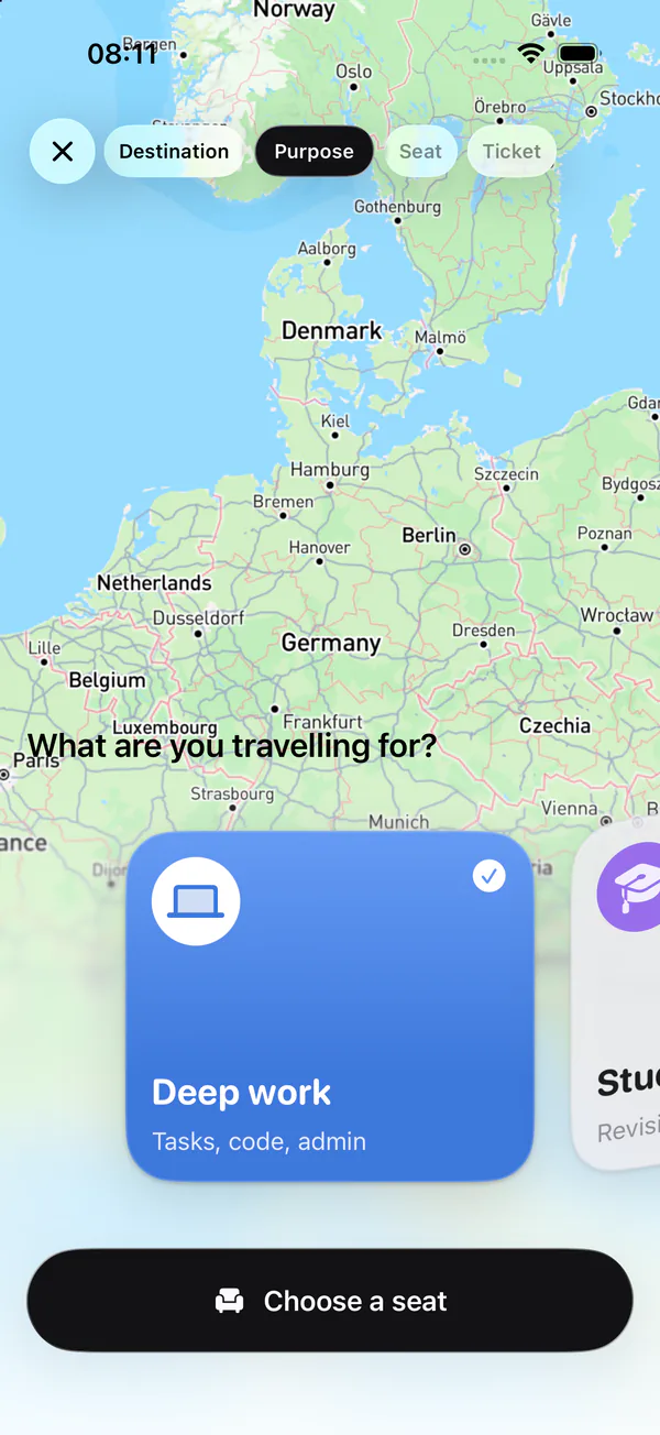 Boarding: “What are you travelling for?” with Deep work selected, and a button to choose a seat.