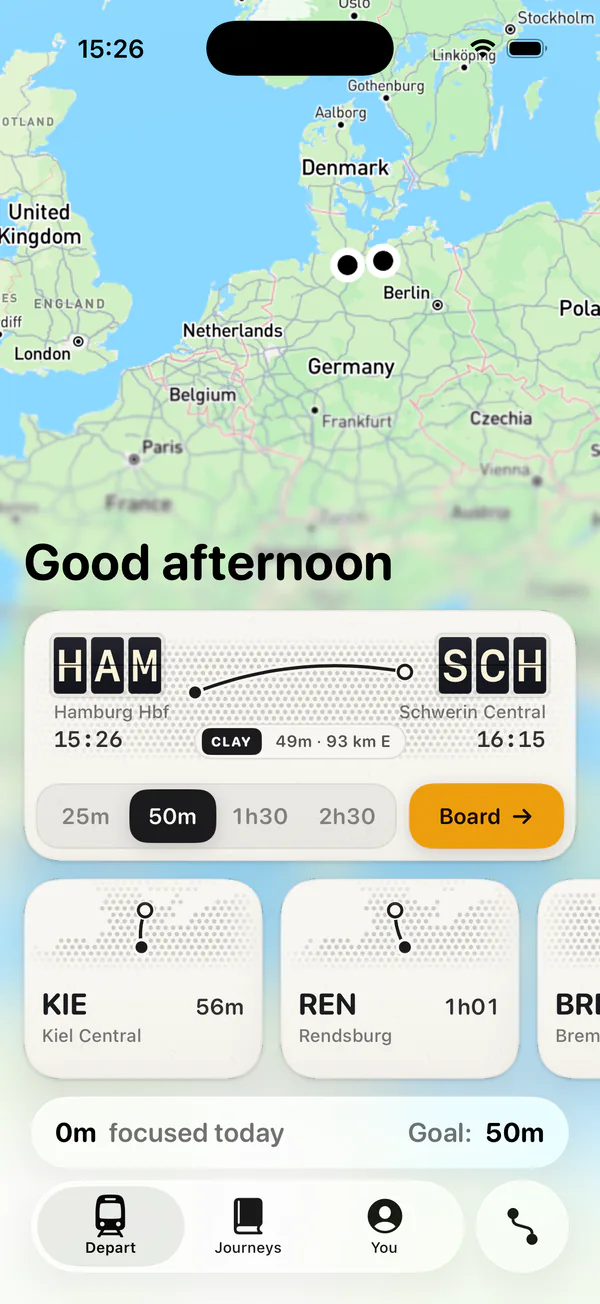 The Depart screen: a split-flap board from Hamburg to Schwerin over a map of northern Germany, with 25m, 50m, 1h30 and 2h30 to choose from.