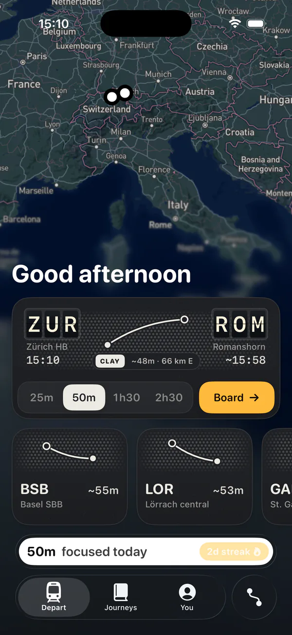 The Depart screen: a split-flap board from Hamburg to Schwerin over a map of northern Germany, with 25m, 50m, 1h30 and 2h30 to choose from.