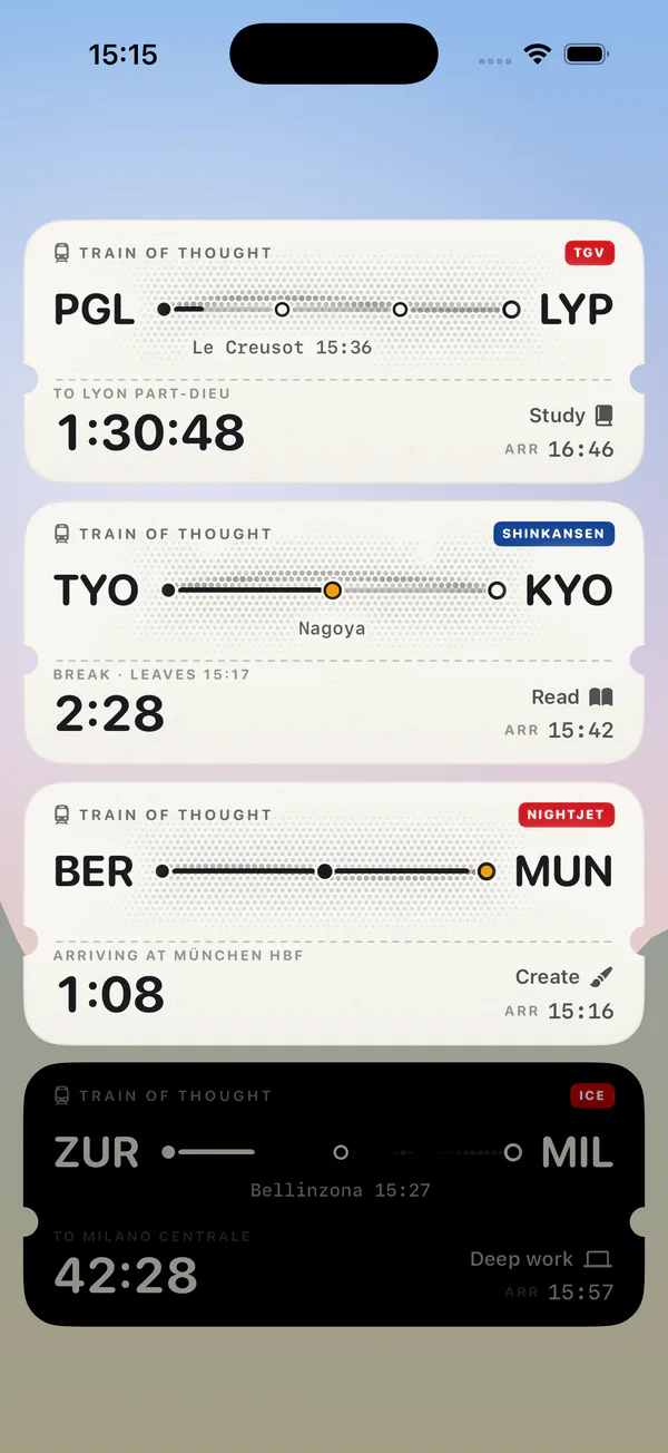 Live Activities on the lock screen: four tickets counting down, from Paris to Lyon, Tokyo to Kyoto, Berlin to Munich and Zürich to Milan.